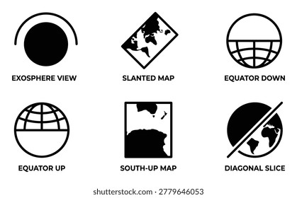 Set of unique earth icons and map views with clear labels. Stylized representations for diverse geographic concepts.
