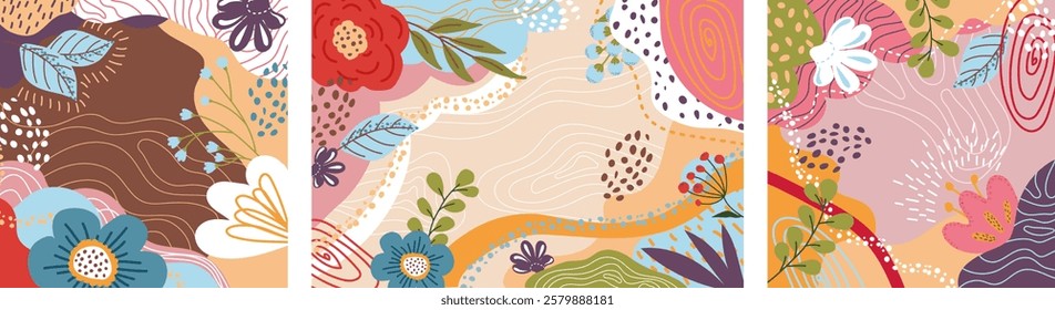  Set of unique fashionable colorful colorful backgrounds in neutral warm tones.Abstract floral pattern with flowers, leaves. Vector illustration