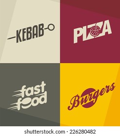 Set Of Unique Fast Food Logo Design Concepts And Ideas. Pizza, Kebab And Burger Retro Elements, Symbols, Icons, Logos And Banners. Food Logos.