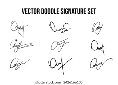 Set of unique fictitious handwritten autograph doodles. Fake signature collection on O letter. Scrawl lettering for business, signing of documents, certificates and contracts.