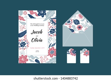 Set unique gentle vector wedding cards template with flowers. Wedding invitation or save the date, card and  envelope for bridal design. Vector botanical postcard collection with floral decoration