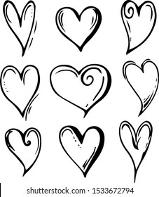 Set of unique hand drawn hearts. Painted design elements.