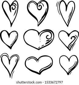 Set of unique hand drawn hearts. Painted design elements.