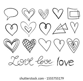 Set of unique hand drawn hearts. Painted design elements.Handdrawn rough marker hearts isolated on white background. Vector illustration for your graphic design
