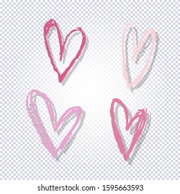 Set of unique hand drawn hearts. Set of Doodle Hearts with shadow Isolated on Transparent Background. Valentine's day symbols set. Romantic vector illustration.