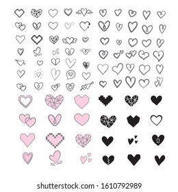 Set of unique hand drawn hearts. Set of vector hand icons. Illustration isolated on white background.