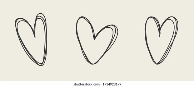 Set of unique hand drawn hearts. Painted design elements. Doodle style hearts collection.
