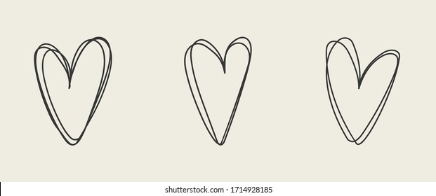 Set of unique hand drawn hearts. Painted design elements. Doodle style hearts collection.