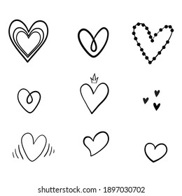 Set of unique hand drawn hearts. Set of vector hand icons. Illustration isolated on white background.