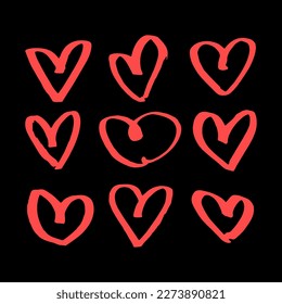 Conjunto de corazones únicos dibujados a mano. Elementos de diseño pintados.
