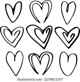 Conjunto de corazones únicos dibujados a mano. Elementos de diseño pintados. 