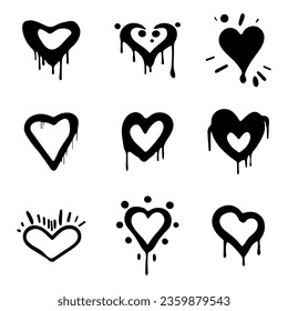 Conjunto de corazones únicos dibujados a mano. Graffiti pintado con spray adorado con fondo blanco.
