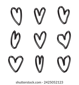 Set of unique hand drawn hearts. Black pencil drawing heart love objects on white. Scribble hearts doodle line. Valentine's day symbols. Romantic vector illustration for design wedding invitation card
