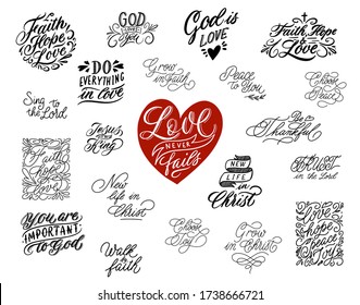 Set of unique hand drawn inspirational christian quotes. Christian hand lettering posters. Modern calligraphy Isolated on white background. 