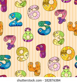 Set of unique hand-drawn colorful funny figures (numbers) with eyes and hands.
