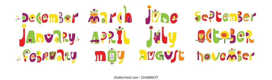 Set of unique handwritten lettering with names of months. Hand written months titles for print,  postcards, brochures, poster, calendar, planner, check lists, and other stationery.