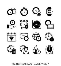 A set of unique icons depicting various time management and scheduling concepts