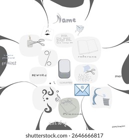 A set of unique illustrations: throw away or delete, book, basket, envelope with an email symbol and others.
