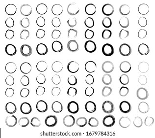 Set of unique ink sketched shapes for logotype, brand style, badge or emblem. Handdrawn textured vector elements with rough edges isolated on white background. Logo creator collection.