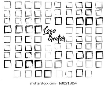 Set of unique ink sketched shapes for logotype, brand style, badge or emblem. Handdrawn textured vector elements with rough edges isolated on white background. Logo creator collection.