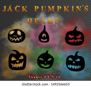 Set of unique Jack pumpkin's heads inside clouds of multicolor smoke. Halloween related vector illustration. EPS 10