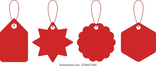 Un conjunto de etiquetas en blanco rojas únicas, con varias Formas y cuerdas adjuntas, listas para la información del producto o la decoración.
