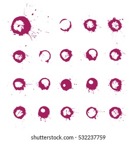 Set of unique red wine stains, spots, glass splashes isolated on white background. 
Vector illustration.