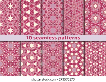 Set of unique seamless patterns. Ten exotic ornaments with Swatch for filling.