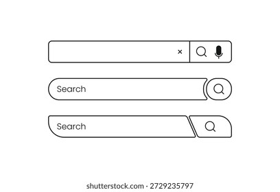 Conjunto de iconos de línea de barra de búsqueda única con Formas redondeadas y orgánicas. Elementos de interfaz de usuario de contorno de Vector minimalista con lupa y búsqueda de voz para Diseño web moderno