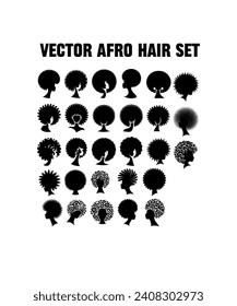 a set of unique shapes of afro hair, made in black silhouette, simple vector, white background