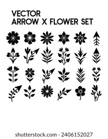 un conjunto de formas únicas de flecha x flor, hechas en silueta negra, vector, fondo blanco