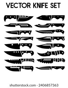 un conjunto de formas únicas de cuchillo, hechas en silueta negra, vector, fondo blanco