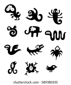 A set of unique silhouette illustrations featuring imaginative creatures with diverse forms, perfect for creative designs or children-themed projects, showcasing playful and abstract interpretations o