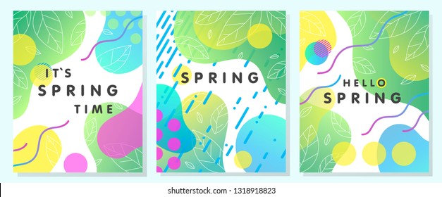 Set of unique spring cards with bright gradient backgrounds,tiny leaves,fluid shapes and geometric elements in memphis style.Abstract layouts perfect for prints,flyers,banners,invitations,covers.