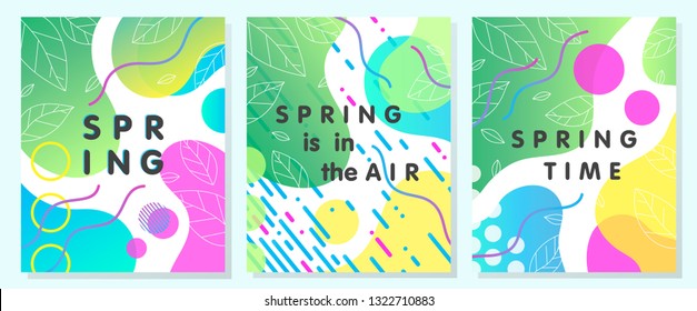 Set of unique spring cards with bright gradient backgrounds,tiny leaves,fluid shapes and geometric elements in memphis style.Abstract layouts perfect for prints,flyers,banners,invitations,covers.