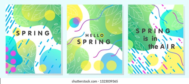 Set of unique spring cards with bright gradient backgrounds; tiny leaves; fluid shapes and geometric elements in memphis style.Abstract layouts perfect for prints;flyers;banners;invitations; covers.