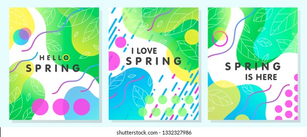 Set of unique spring cards with bright gradient backgrounds; tiny leaves; fluid shapes and geometric elements in memphis style.Abstract layouts perfect for prints; flyers; banners; invitations; covers