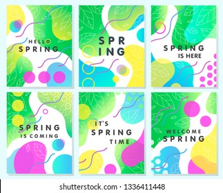 Set of unique spring cards with bright gradient backgrounds; tiny leaves; fluid shapes and geometric elements in memphis style.Abstract layouts perfect for prints; flyers; banners;invitations; covers.