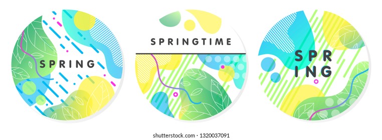 Conjunto de selectores primaverales únicos con fondo de gradiente brillante, hojas diminutas, formas fluidas y elementos geométricos en estilo memphis.Diseños abstractos perfectos para impresiones, volantes, banners, invitaciones, cubiertas.