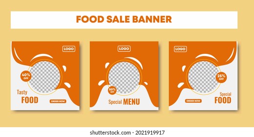 Set of unique square banner restaurant culinary social media post template design. Discount for special menu promotion sale banner with light orange colored background. Vector illustration