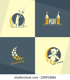 Set of unique vector symbols and logo design concept for preschool education or kids playground and kindergarten. Childhood related minimalistic illustrations collection. 
