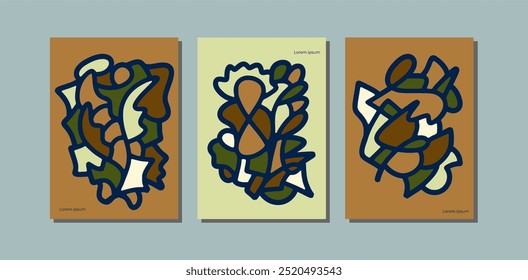Set unique wall decor print art abstract shape and line, earth tone