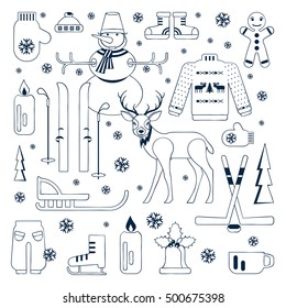 Set of unique winter icons illustrations. Clipart collection with snowman, Christmas bell, reindeer, skiing, luge, skating, snowflakes and other. Vector elements for banner design of seasonal sell.