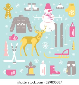 Set of unique winter icons illustrations. Clipart collection with snowman, reindeer, skiing, Christmas bell, luge, skating, snowflakes and other. Vector eps elements for banner design of seasonal sell