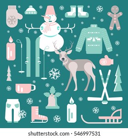 Set of unique winter icons illustrations. Clipart collection with snowman, reindeer, skiing, Christmas bell, luge, skating, snowflakes and other. Vector eps elements for banner design of seasonal sell