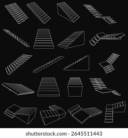 A set of uniquely designed stairs arranged in a neat pattern against a black background, each with distinct contours and varying sizes. The color gradient from light to dark creates a striking visual.