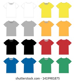 Set of unisex black t-shirt design template. Front and back vector. White, gray, black, blue, yellow, red, green colors. Technical sketch. Vector illustration