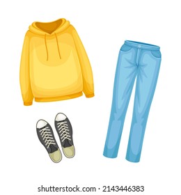 Set of unisex clothes. Hoodie, jeans and sneakers cartoon vector illustration