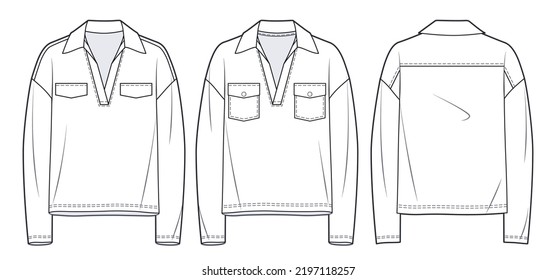 Set of Unisex Polo Shirt technical  fashion Illustration. Polo Shirt fashion technical  sketch template, long sleeve, pockets, V-neck, front and back view, white, CAD mockup set.