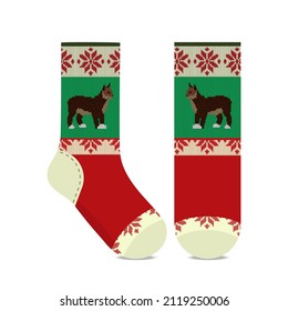 A Set Of Unisex Socks. Illustration of socks in eco style. The pattern of socks for flat clothes on the front and back is red. Unisex CAD mock-up.